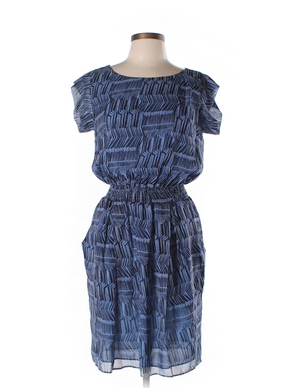 Shoshanna Black & Gray Geometric-Print Smocked-Waist Mini Dress